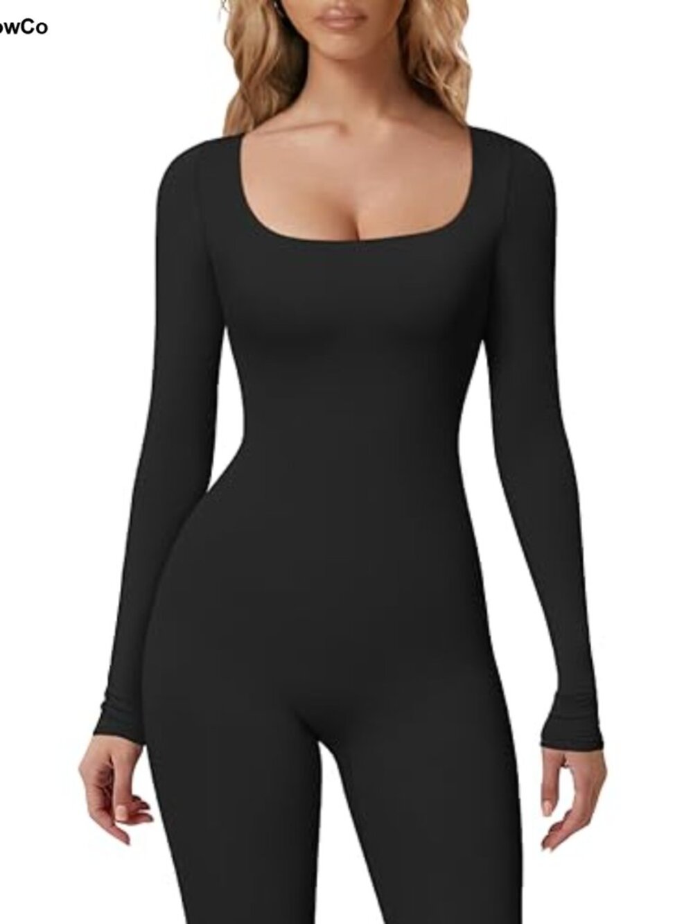Womens Long Sleeve Square Neck Stretchy Jumpsuit One Piece
